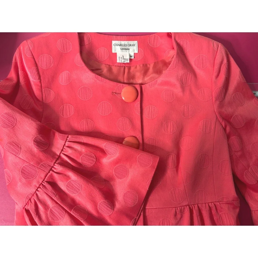 CHARLES GRAY London Womens Coral Polka Dot Peplum Jacket M Bell Sleeve Jackie O